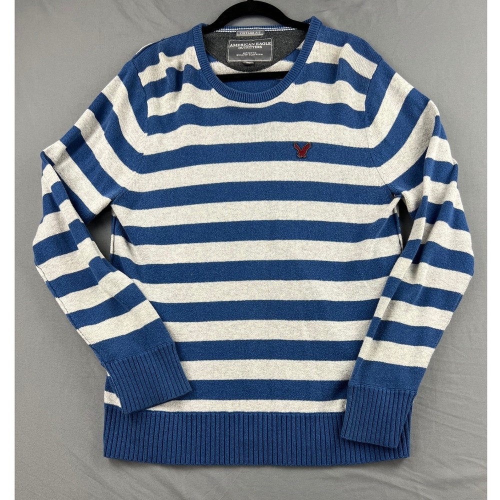 Vintage American Eagle Sweater Mens XL Fit Blue Grey Striped Wool Blend Fair